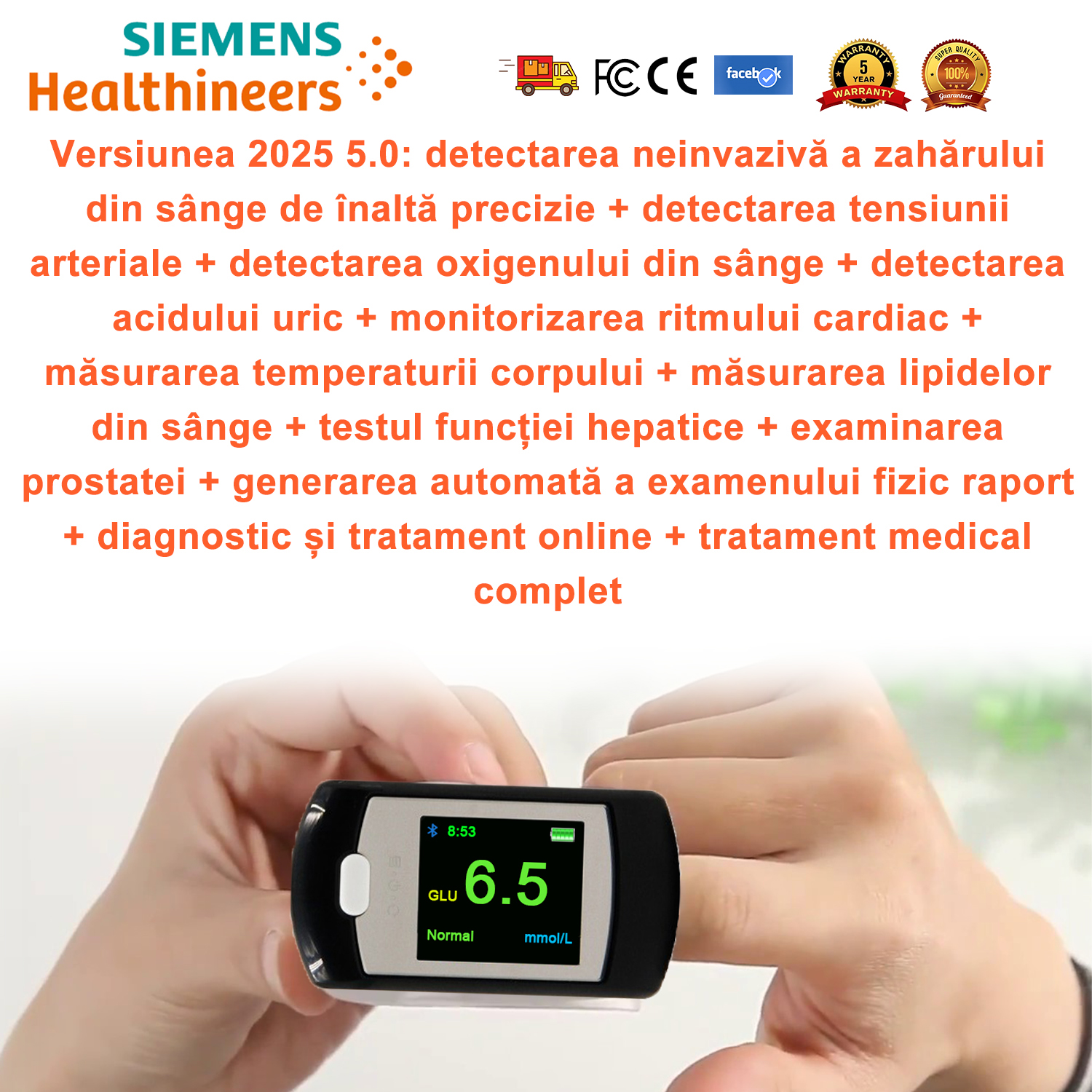 Versiunea 2025 5.0: detectarea neinvazivă a zahărului din sânge de înaltă precizie + detectarea tensiunii arteriale + detectarea oxigenului din sânge + detectarea acidului uric + monitorizarea ritmului cardiac + măsurarea temperaturii corpului + măsurarea lipidelor din sânge + testul funcției hepatice + examinarea prostatei + generarea automată a examenului fizic raport + diagnostic și tratament online + tratament medical complet