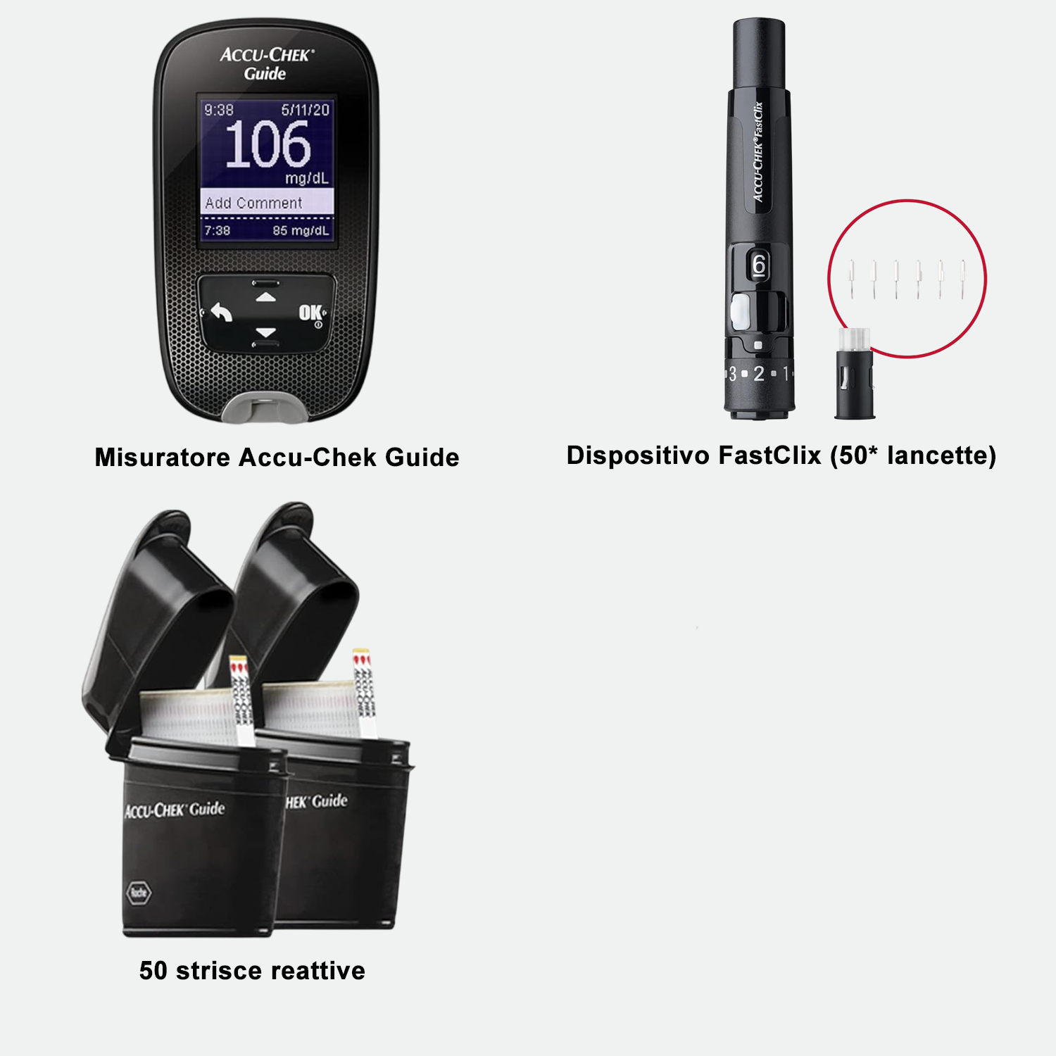 Misuratore di glicemia Accu-Chek (misura la glicemia, colesterolo, trigliceridi, ESR, Funzione epatica, Funzione renale) + Dispositivo FastClix + 50* lancette + 50* strisce reattive