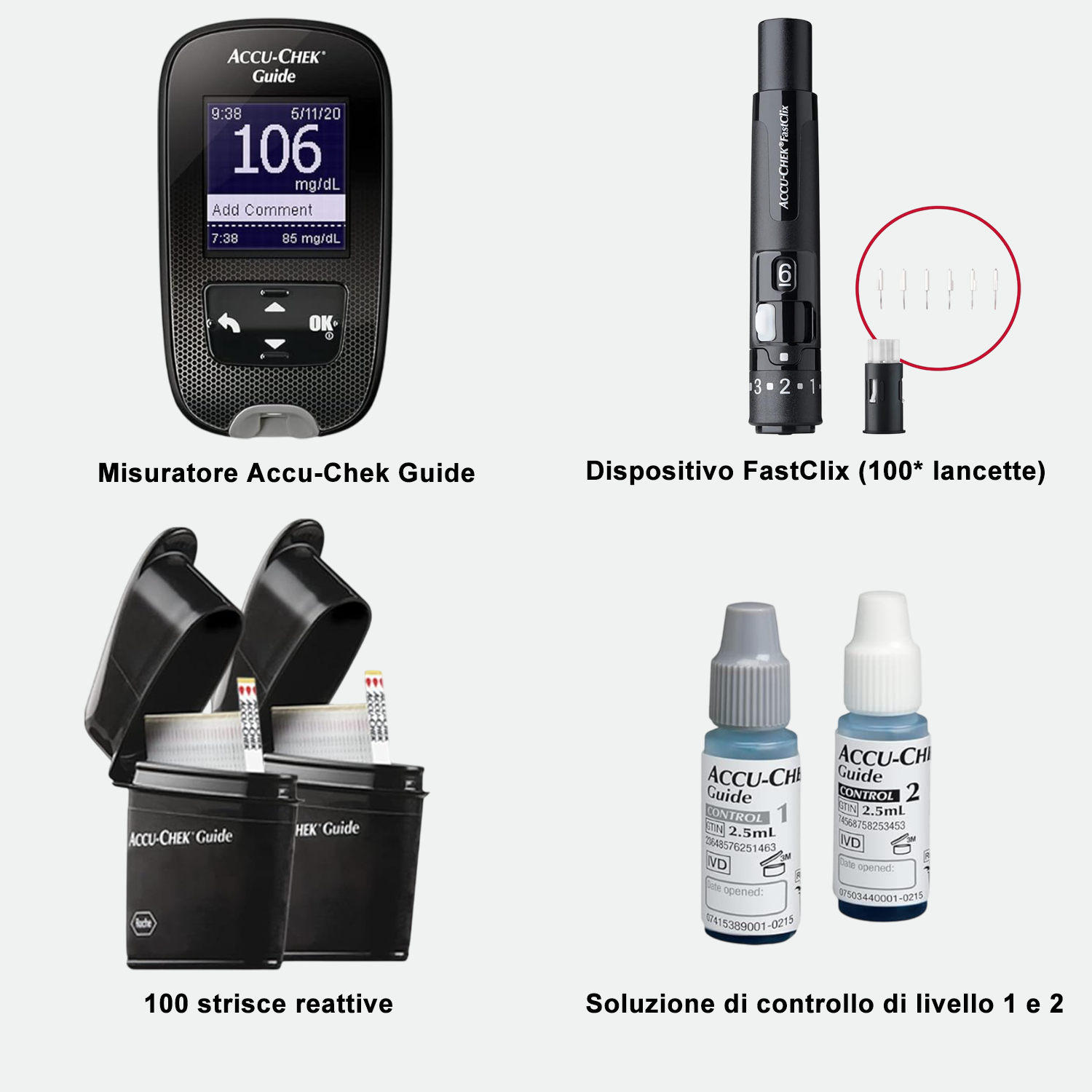 Misuratore di glicemia Accu-Chek (misura la glicemia, colesterolo, trigliceridi, ESR, Funzione epatica, Funzione renale, Funzione tiroidea, Esame del sangue completo, Anti-O, fattore reumatoide) + Dispositivo FastClix + 100* lancette + 100* strisce reattive + Soluzione di controllo di livello 1 e 2